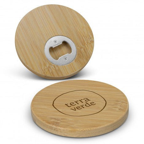 Bamboo Bottle Opener Coaster - Round - Branding Evolution