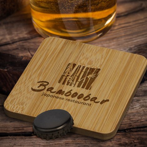 Bamboo Bottle Opener Coaster - Square - Branding Evolution