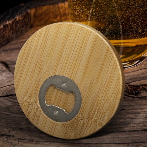 Bamboo Bottle Opener Coaster - Round - Branding Evolution