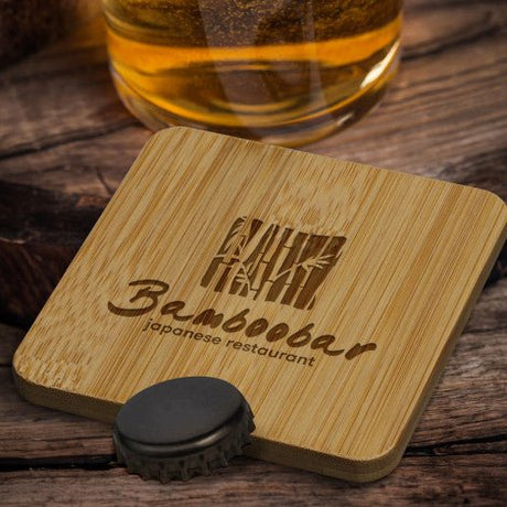 Bamboo Bottle Opener Coaster - Square - Branding Evolution